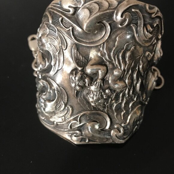 Kissing Cherub Wide Sterling Silver Cuff Bracelet Unger Brothers Angel Putti - Picture 11 of 13